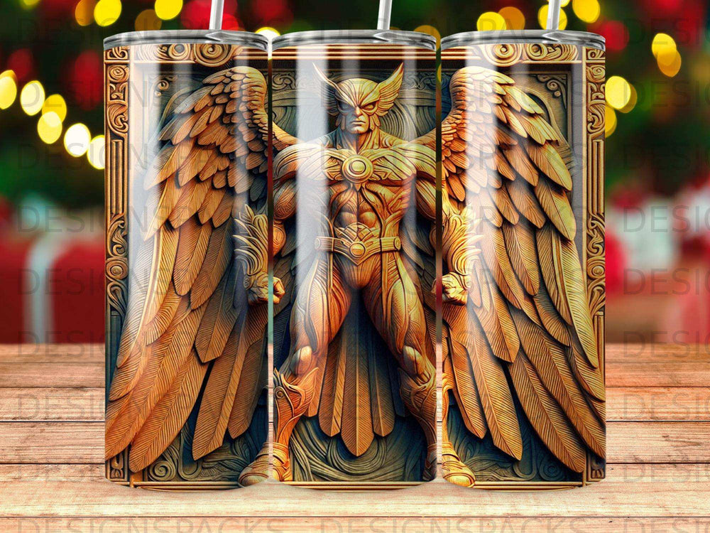 Golden Hawkman superhero with outstretched wings, standing against ornate carved background.