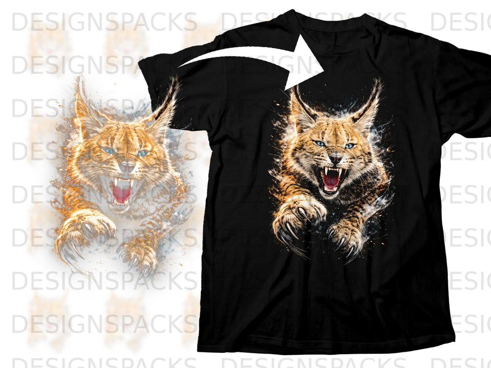 Black t-shirt with a roaring bobcat graphic with an abstract splash effect.