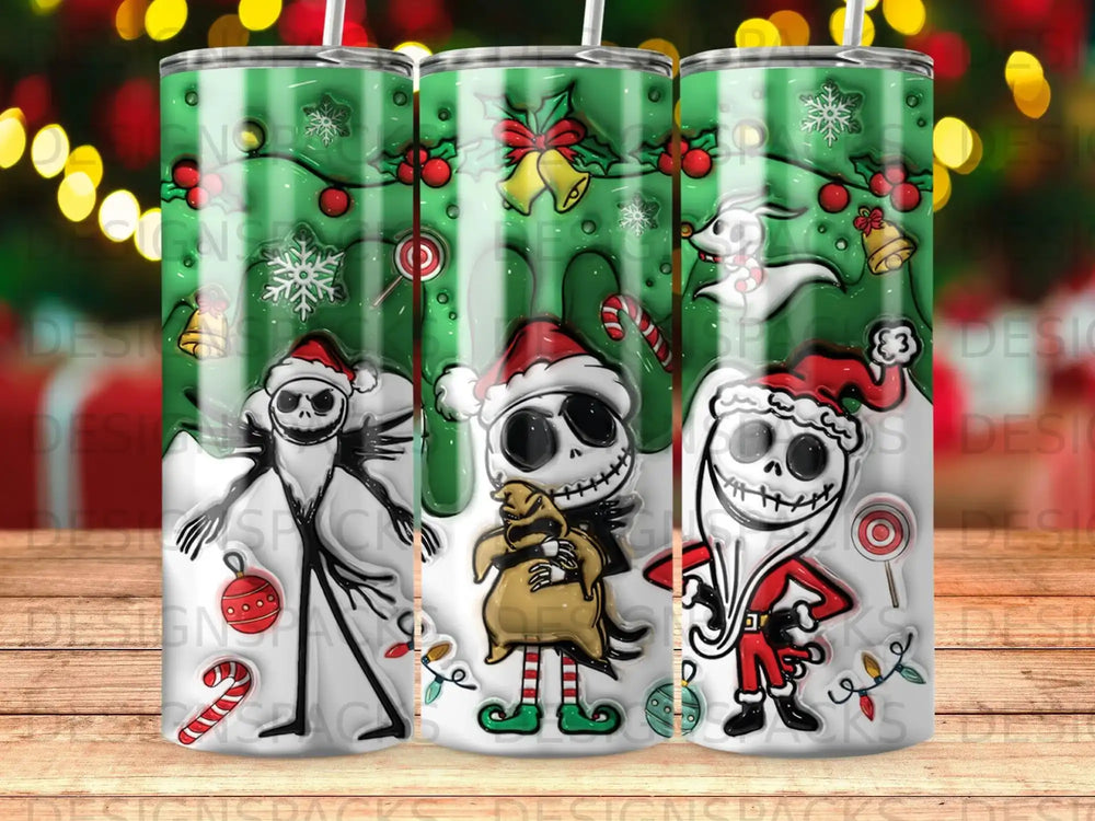 Three Jack Skellington-themed tumblers with holiday designs.