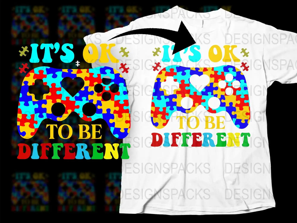 Colorful Autism Awareness T-Shirt, Puzzle Piece Game Controller, It's OK to Be Different Tee