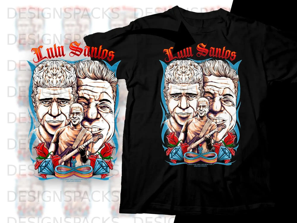 Tulu Santos graphic tee with portraits and text.