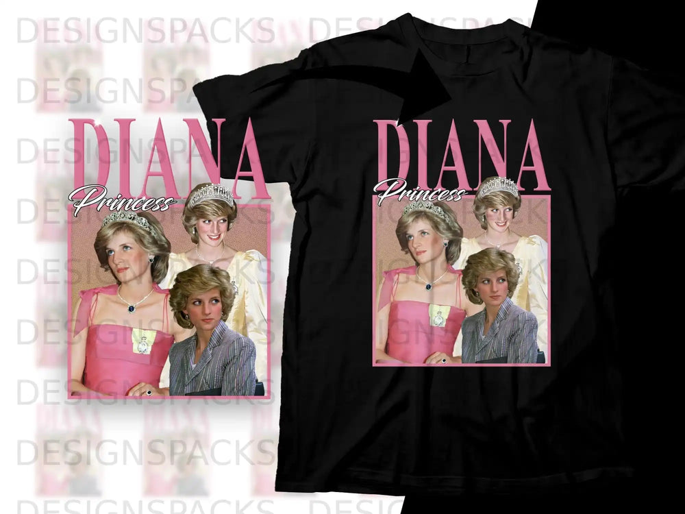 Black t-shirt featuring Princess Diana with the text "DIANA Princess".