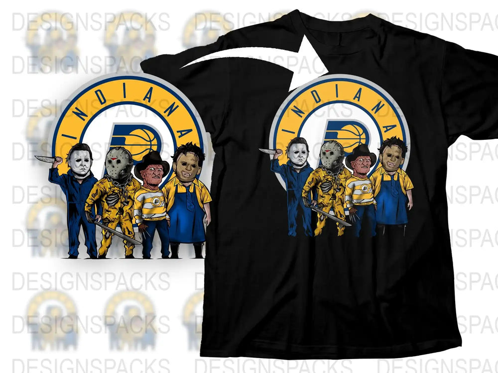 Indiana Sports Themed T-Shirt, Iconic Horror Characters in Jerseys, Unisex Graphic Tee
