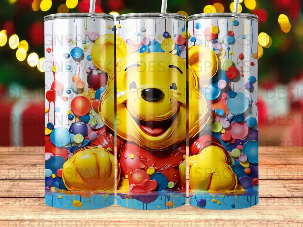 Winnie the Pooh surrounded by colorful bubbles and balloons.