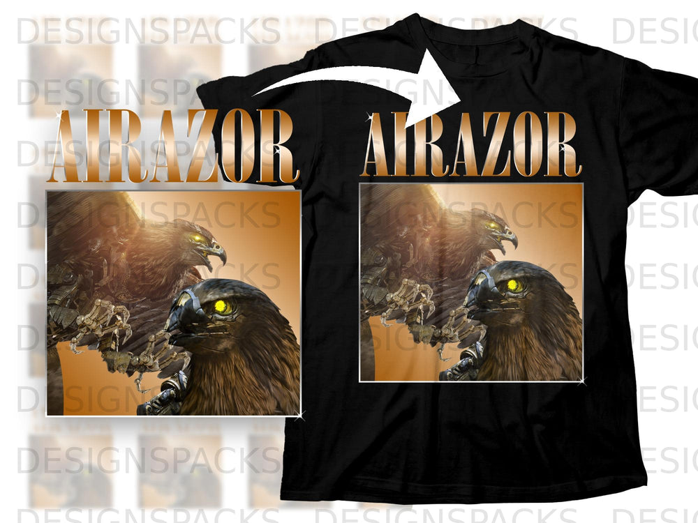 Black t-shirt with "AIRAZOR" text and a graphic of two birds of prey.