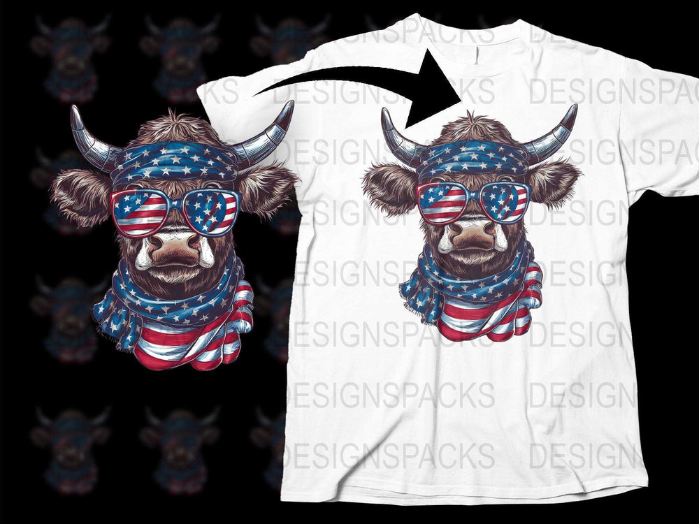 Patriotic Bull T-Shirt, American Flag Sunglasses, Fun USA Animal Graphic Tee, Unisex Summer Top