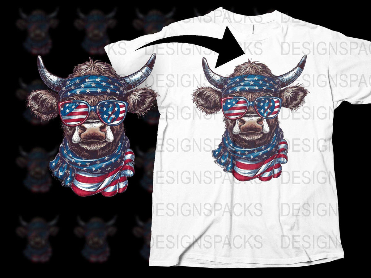 Patriotic Bull T-Shirt, American Flag Sunglasses, Fun USA Animal Graphic Tee, Unisex Summer Top
