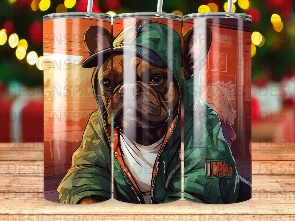 French bulldog wearing a hoodie and jacket, depicted in a stylized illustration.