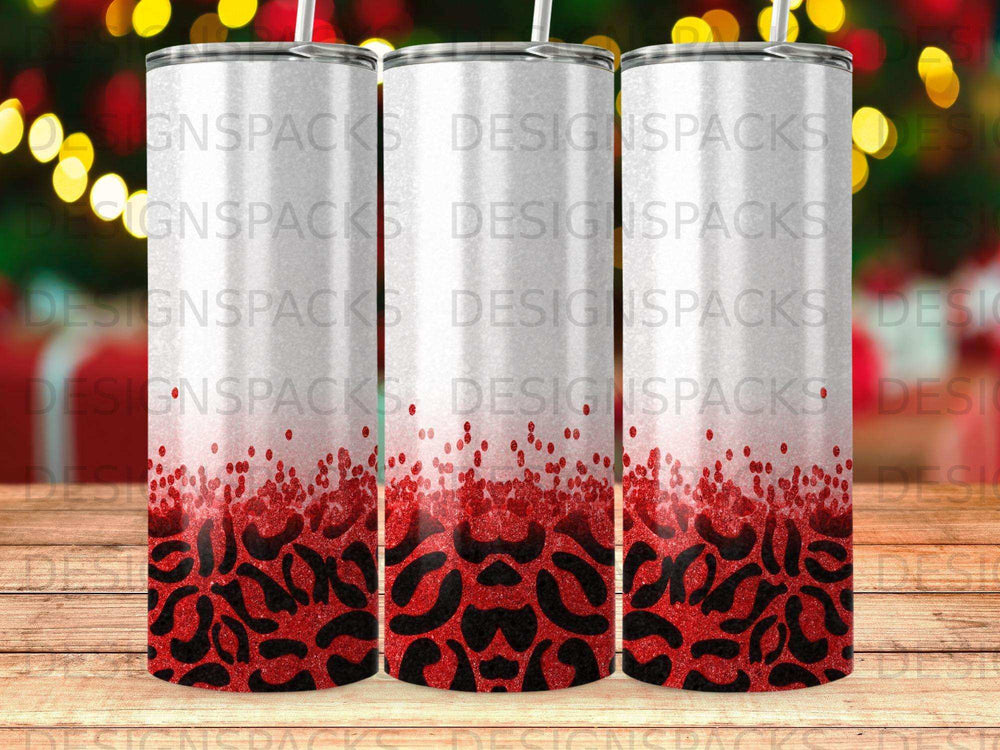 Three tumblers with a red glitter leopard print design.