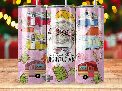 Tumbler with cartoon campers, backpacks, and text 