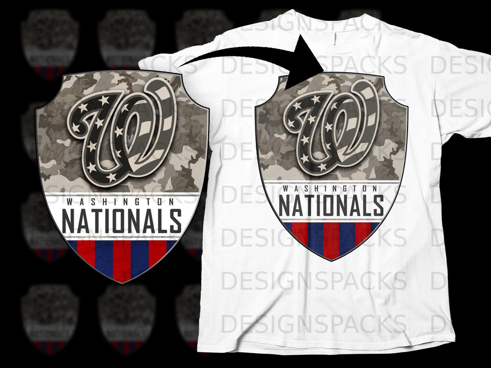 Washington Nationals logo with camouflage background on a white t-shirt.