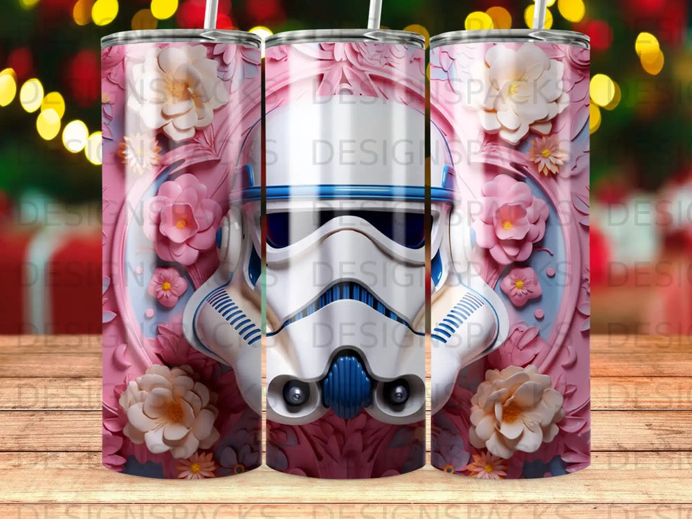 Stormtrooper helmet with pink floral designs on a tumbler.