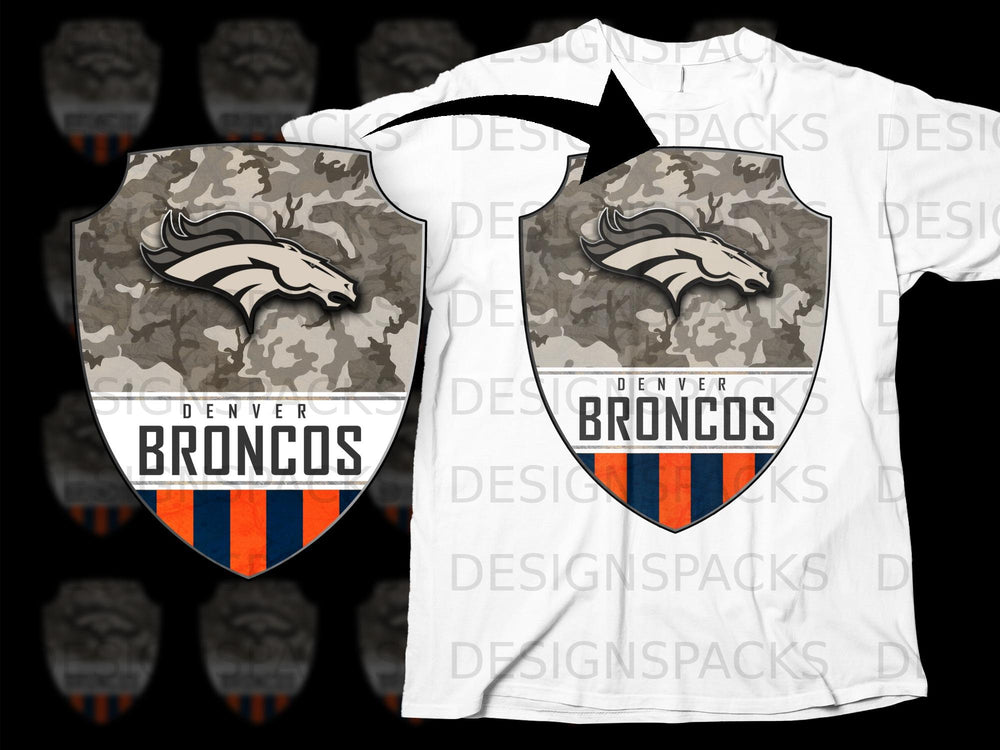 Denver Broncos shield logo with camouflage pattern on a white t-shirt.