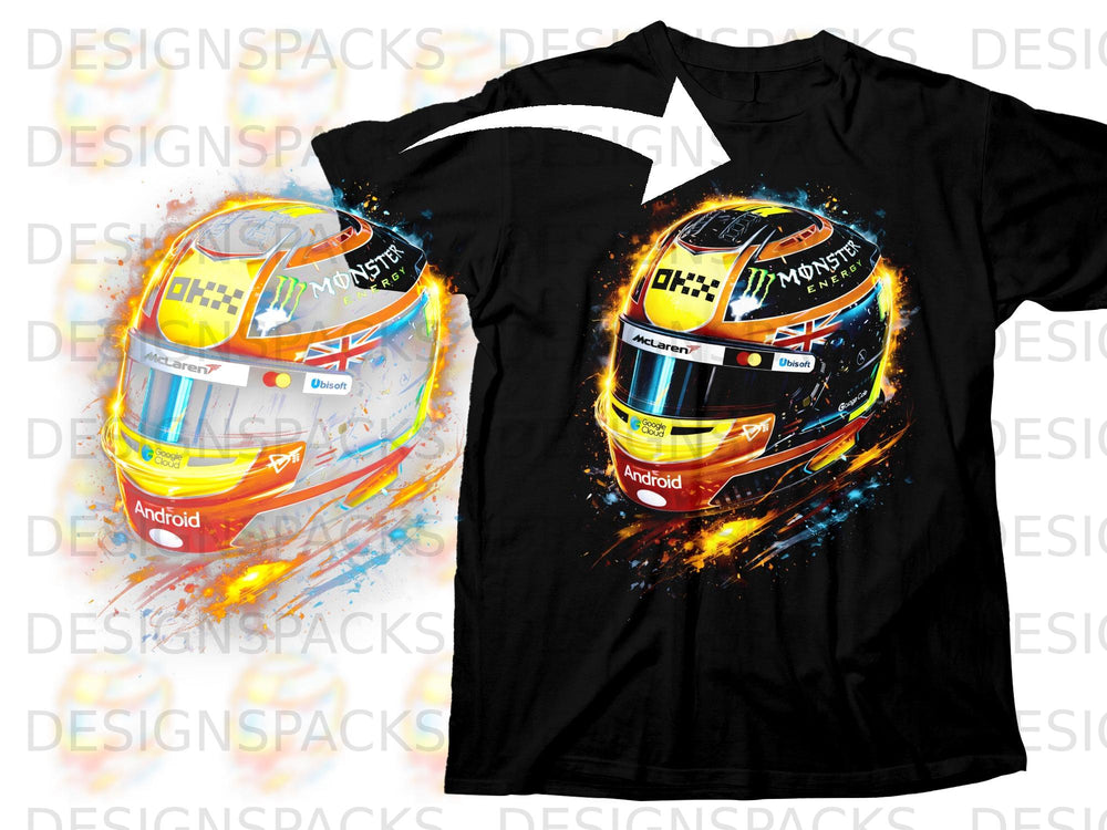 Black t-shirt featuring a racing helmet with "Monster Energy" and "McLaren" logos.