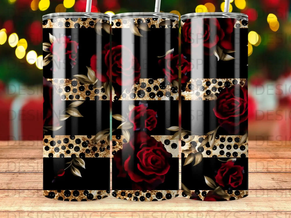 Black tumbler with red roses and gold glitter accents.
