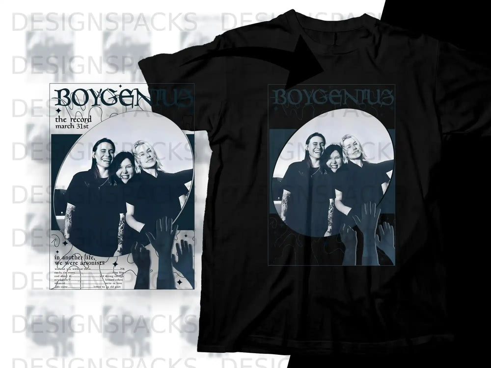 Black t-shirt with "Boygenius The Record" logo and a grayscale band photo.
