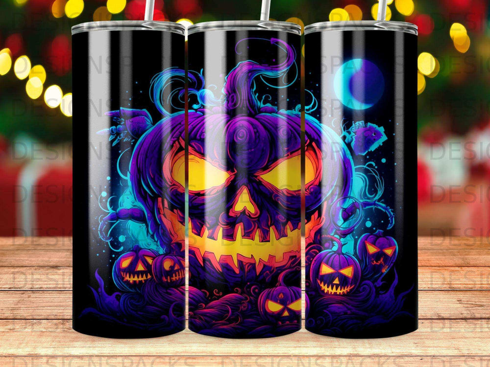 Spooky jack-o'-lantern with glowing eyes and smaller pumpkins.