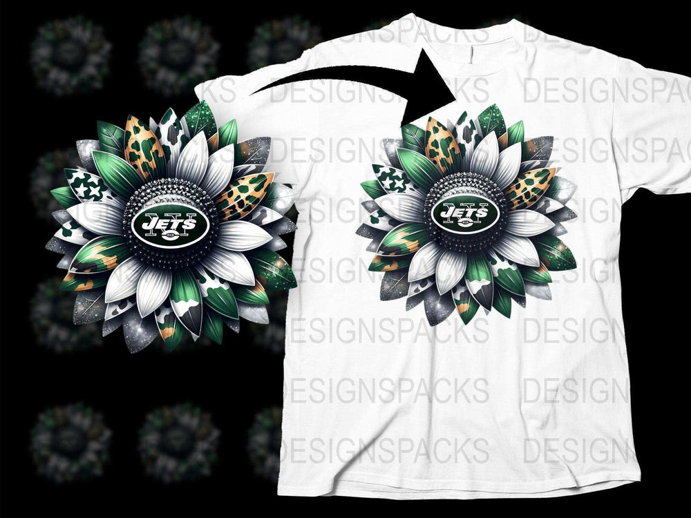 Floral Jets Graphic T-Shirt, Black and Green Sunflower Pattern, Unique Team Support Apparel, All Sizes Available
