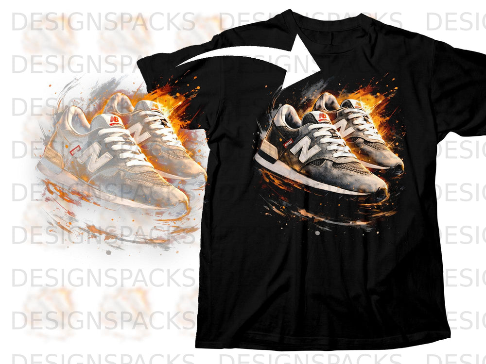 Black t-shirt with graphic of New Balance sneakers amid fiery splashes and paint splatters.
