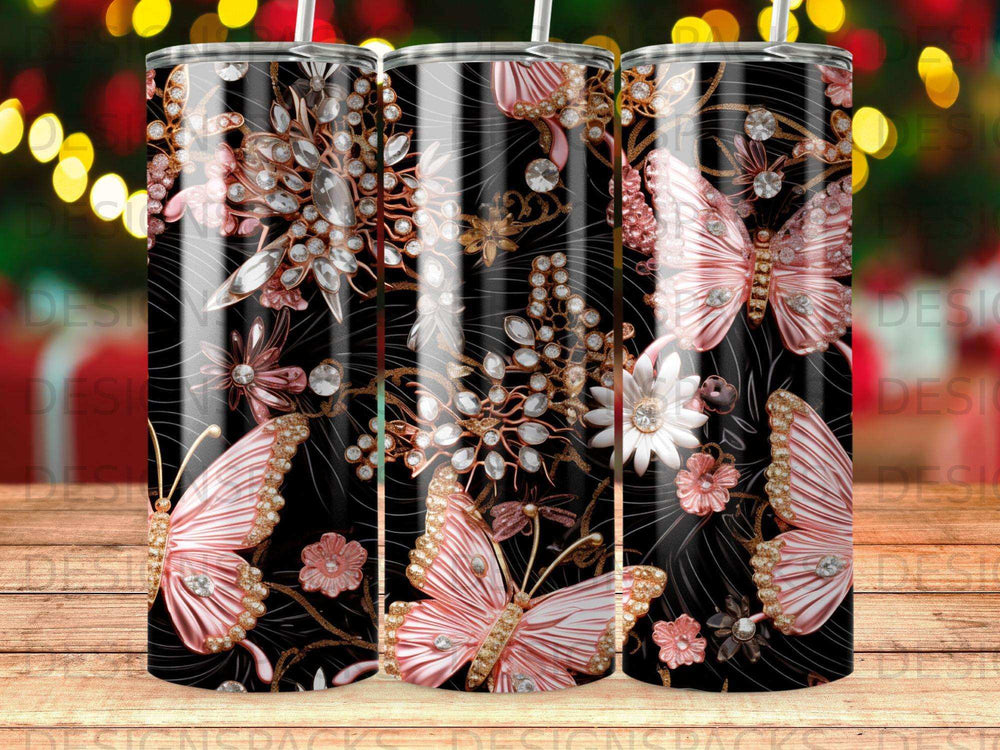Black tumbler with rose gold butterflies and sparkling floral accents.
