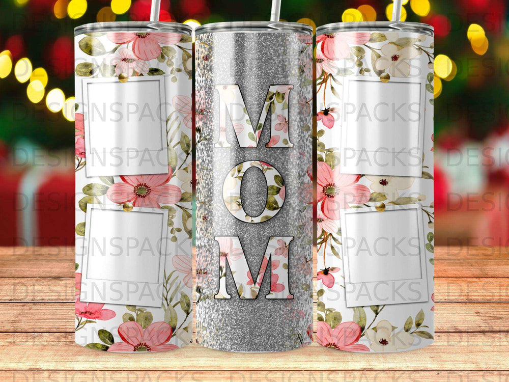 Glittered tumbler with "MOM" text and floral accents.
