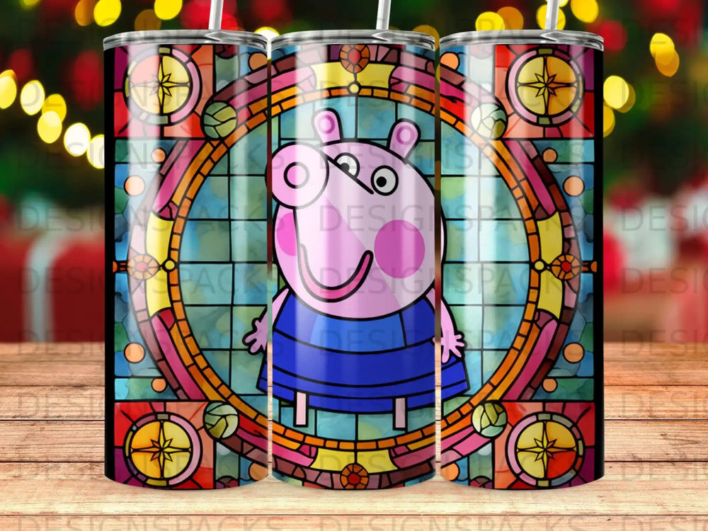 Peppa Pig character in stained glass style on a patterned tumbler.