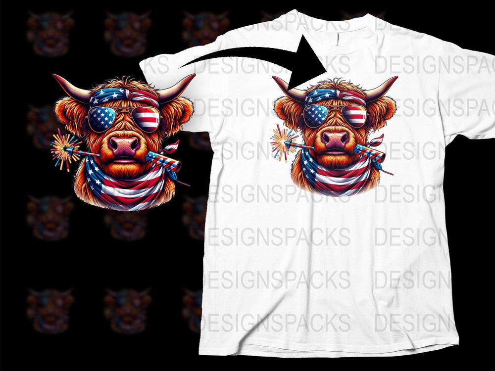Patriotic Highland Cow T-Shirt with American Flag Sunglasses and Fireworks, Unisex Graphic Tee