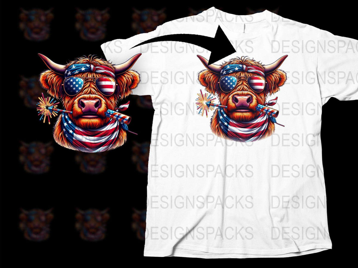 Patriotic Highland Cow T-Shirt with American Flag Sunglasses and Fireworks, Unisex Graphic Tee