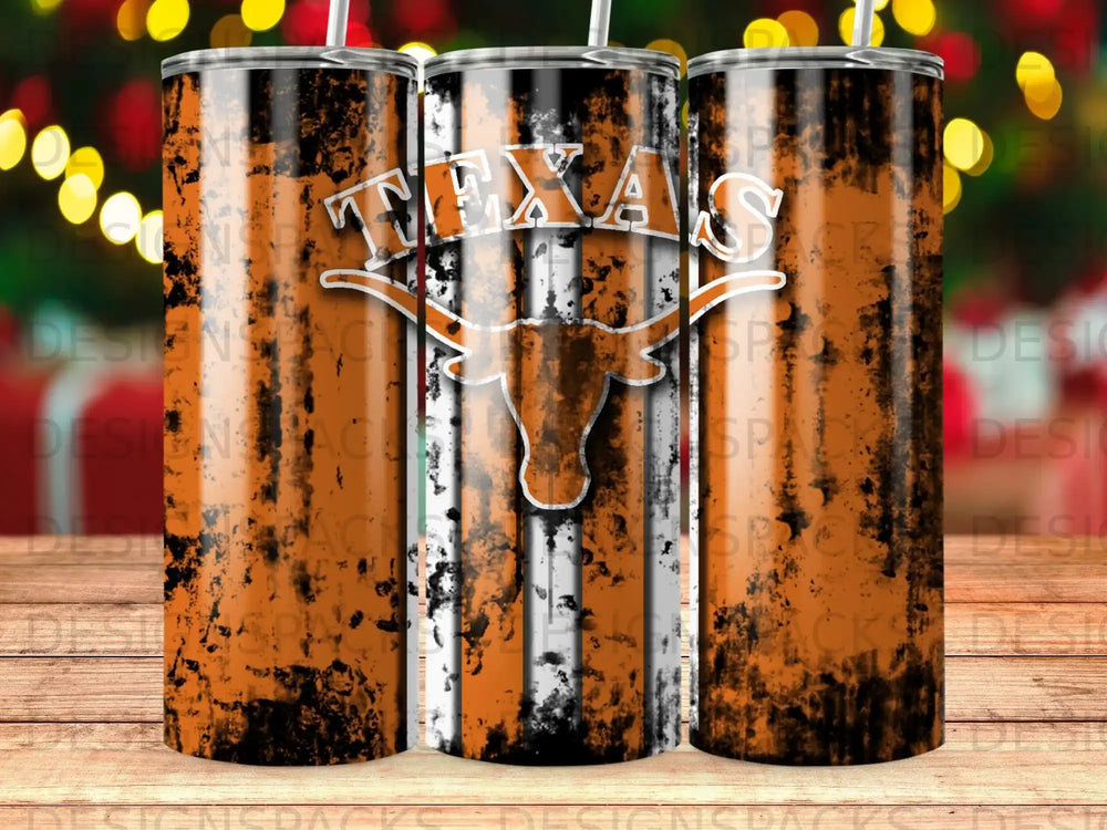 Texas Longhorns tumbler with distressed orange and white stripes.