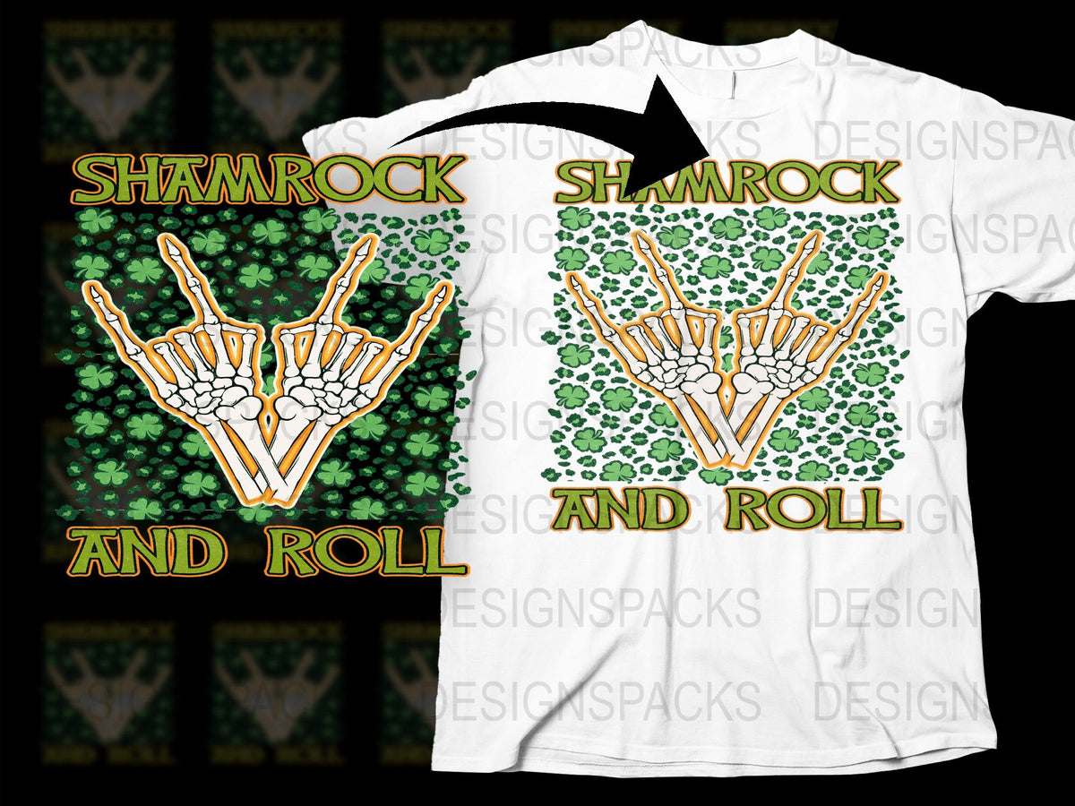 Shamrock and Roll St Patrick's Day T-Shirt, Skeleton Hand Graphic, Irish Themed Festival Tee, Unisex White Cotton Shirt