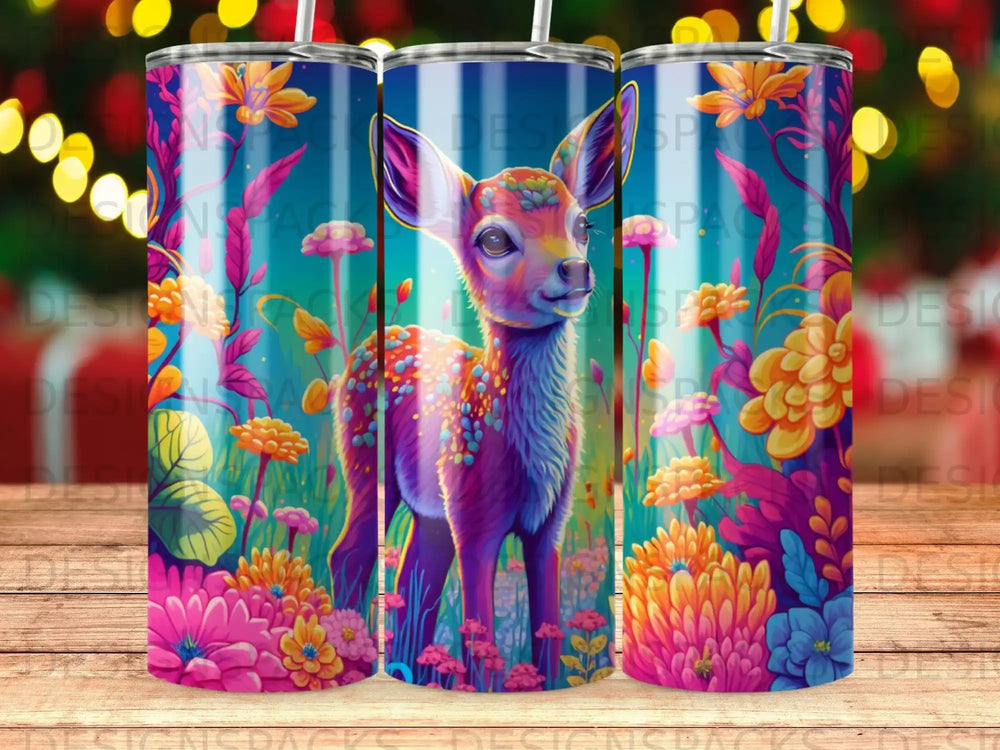 Purple deer among colorful flowers and plants.