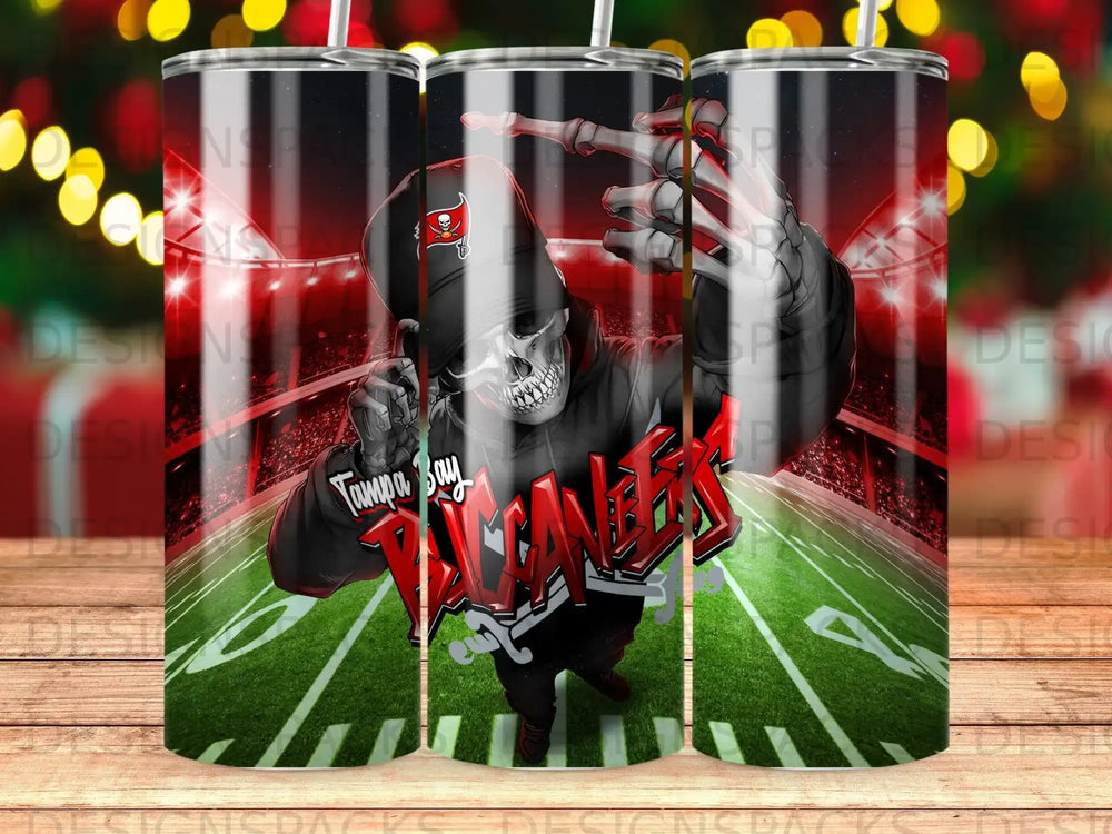 Tampa Bay Buccaneers skull in hoodie on football field.