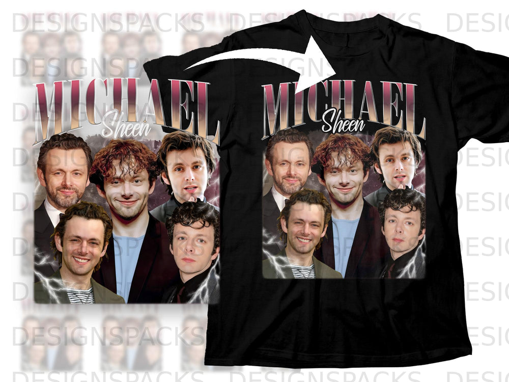 Black t-shirt featuring a collage of Michael Sheen portraits with lightning graphics.