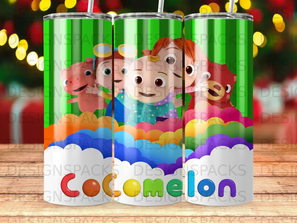 Cocomelon characters on a colorful background with the show's logo.