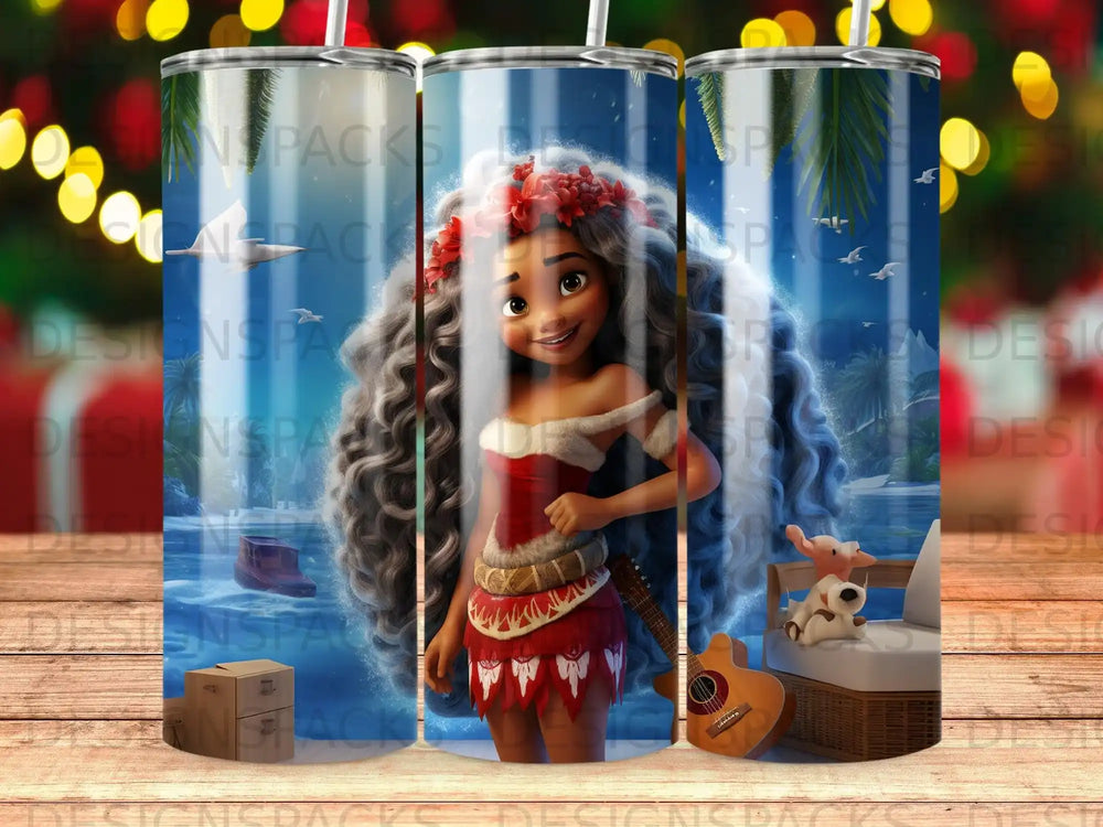 Moana with ukulele and pig, on a tropical beach with ocean waves.