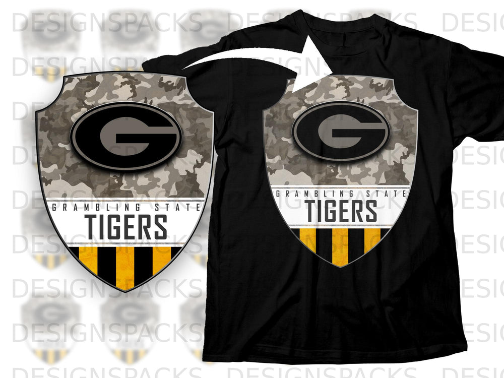 Black t-shirt featuring a shield logo with a camouflage background, 'G', and 'Grambling State Tigers'.