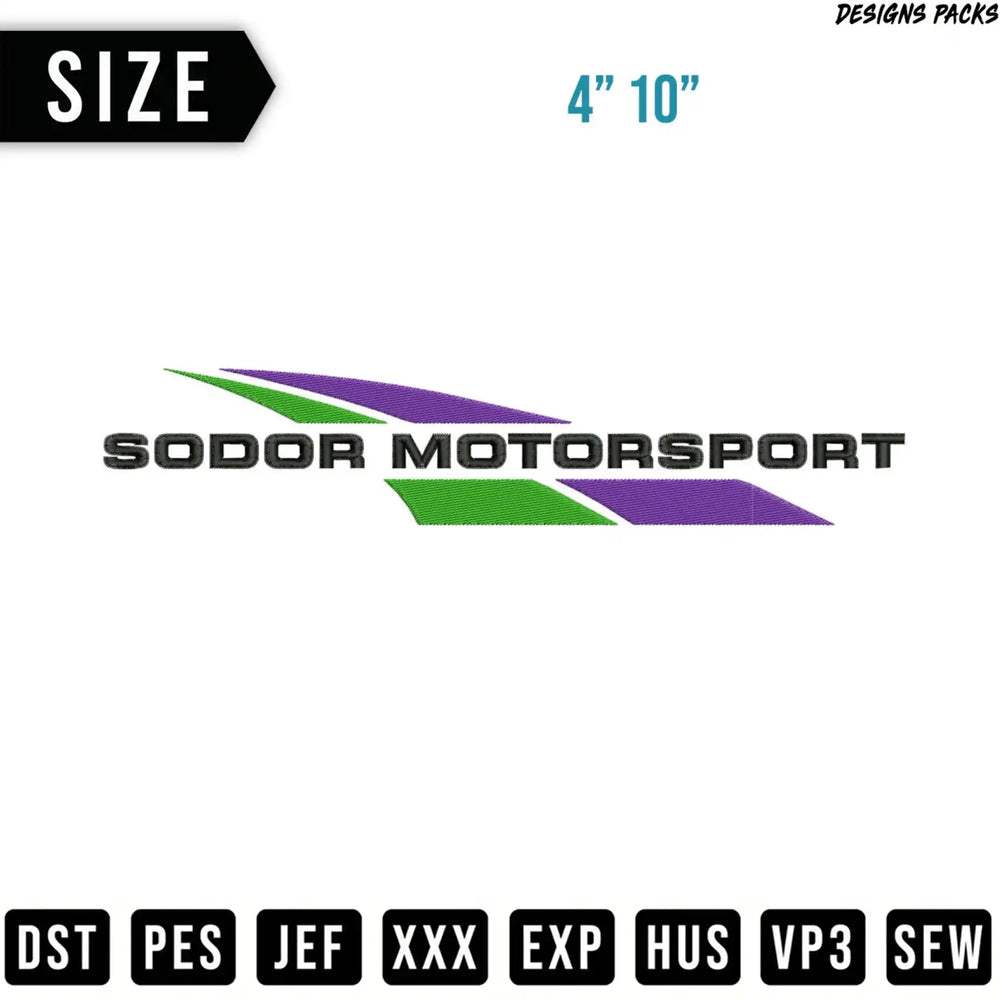 Sodor Motorsport logo with file formats DST, PES, JEF, XXX, EXP, HUS, VP3, SEW.
