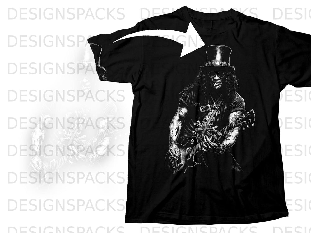 Black t-shirt with a graphic of Slash playing a guitar.