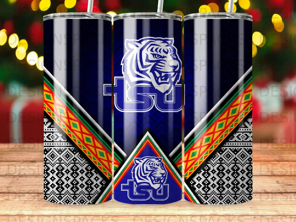 Three LSU tigers tumblers with blue, black, and patterned designs.