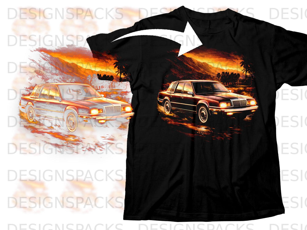 Black t-shirt featuring a retro car graphic against a sunset landscape with palm trees.