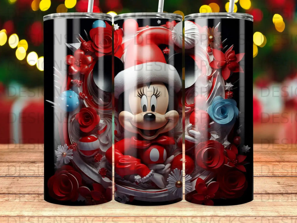 Minnie Mouse wearing a Santa hat surrounded by festive red flowers and ornaments.