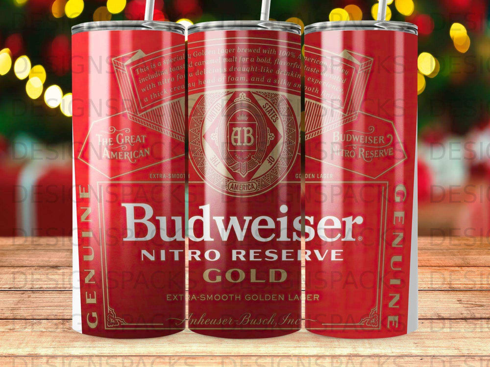 Budweiser Nitro Reserve gold lager tumbler with red and white stripes.