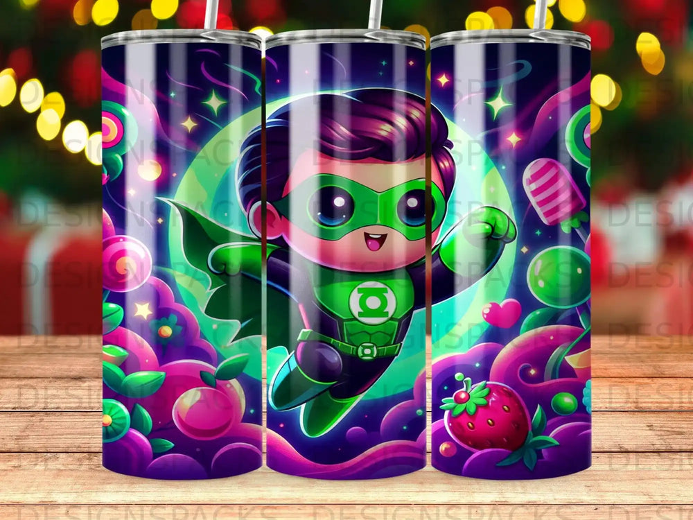 Chibi Green Lantern flying through starry sky with fruit and candy.