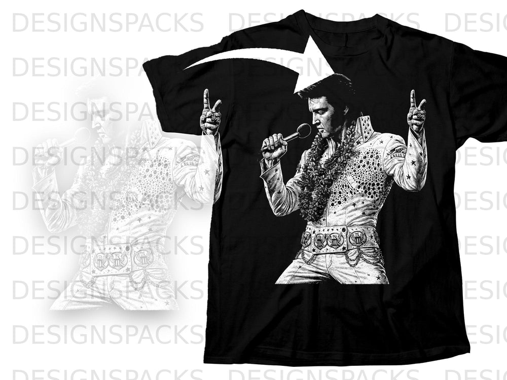 Black t-shirt with a black and white drawing of Elvis Presley holding a microphone.