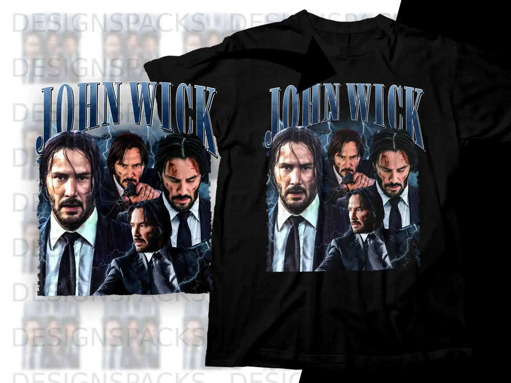T-shirt featuring a collage of John Wick movie posters.
