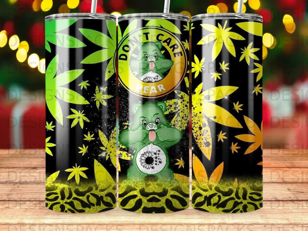 Green cartoon bear on a tumbler with leaves and leopard print.