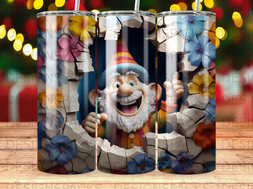 Cartoon gnome with colorful flowers breaking through a wall.