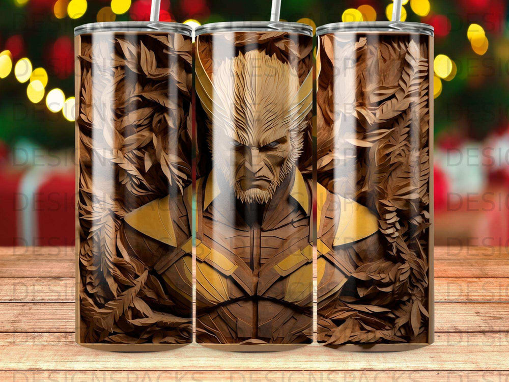 Mascot character with fierce expression on a tumbler with bokeh lights.
