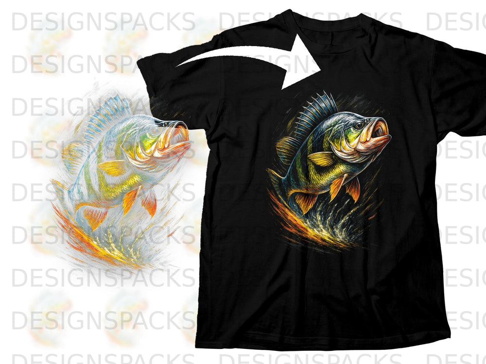 Black t-shirt with a graphic of a vibrant yellow and green fish.