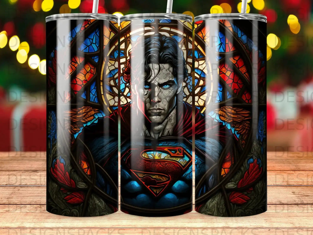 Superman with stained glass background and wings, red and blue costume.